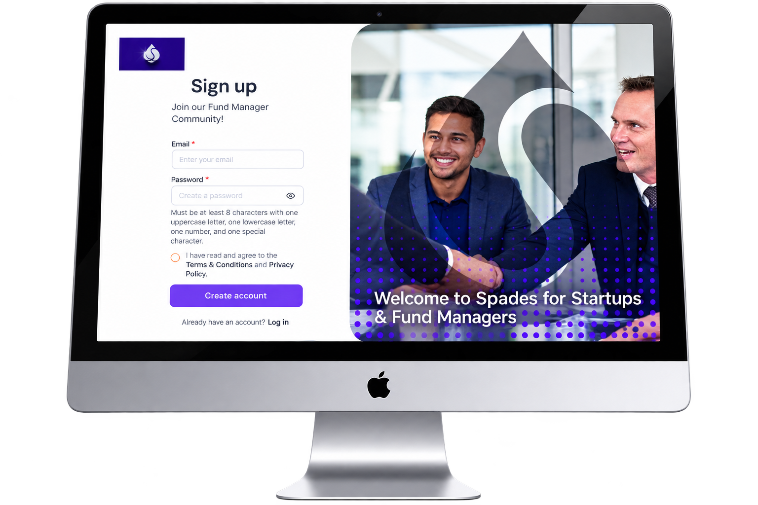 iMac display showing Spades for Fund Managers sign-up page