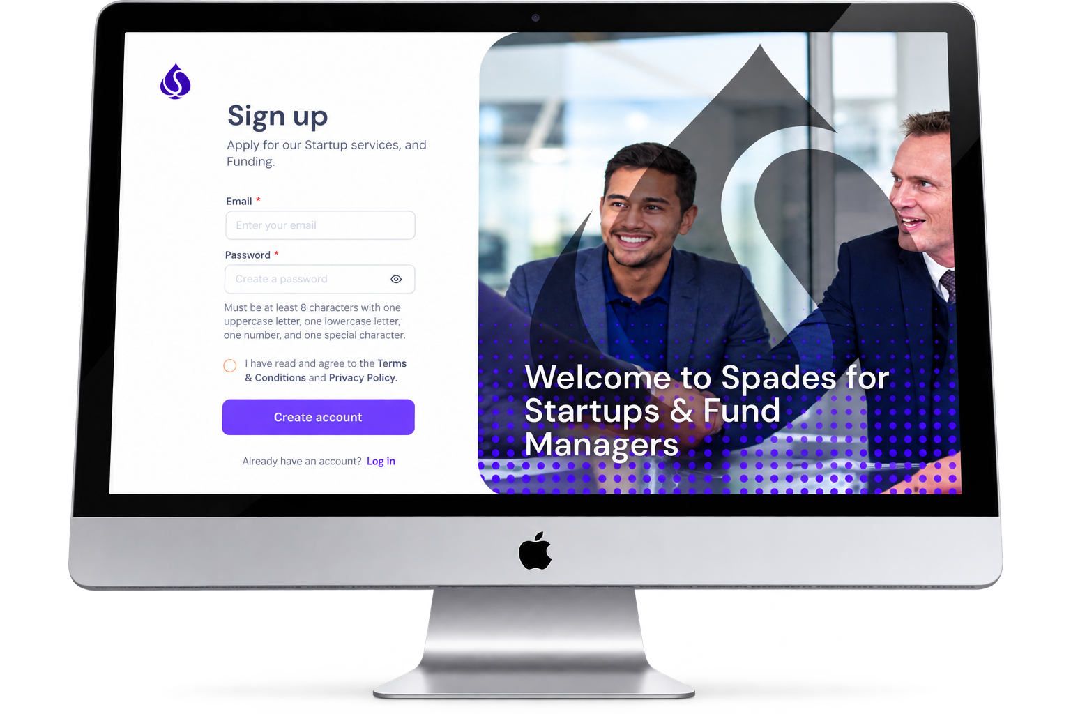 iMac display showing the Spades startup sign-up page